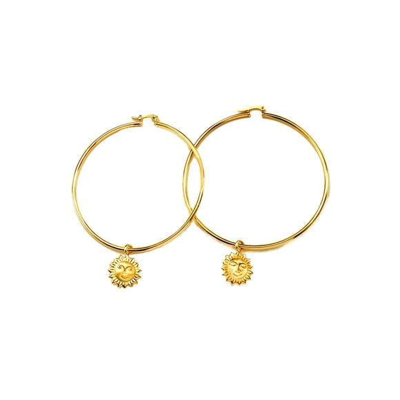 Oversized 14K Gold-Filled Hoop Earrings w/ Removable Sun Charm - XL Jumbo, 3.2" - Picture 6 of 9